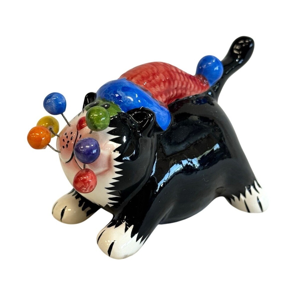 Whimsical Black Cat Figurine Colorful Ball Whiskers Ceramic Art Decor 4"